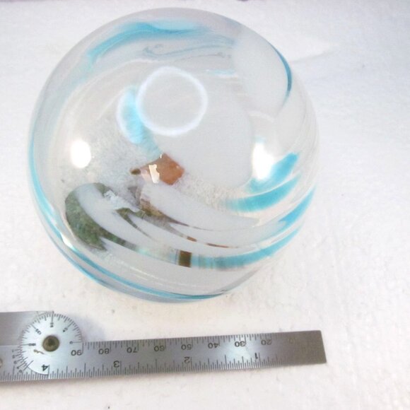 Handblown Blue White Swirl Art Glass Globe with Shells and Sand Paperweight - Picture 9 of 14
